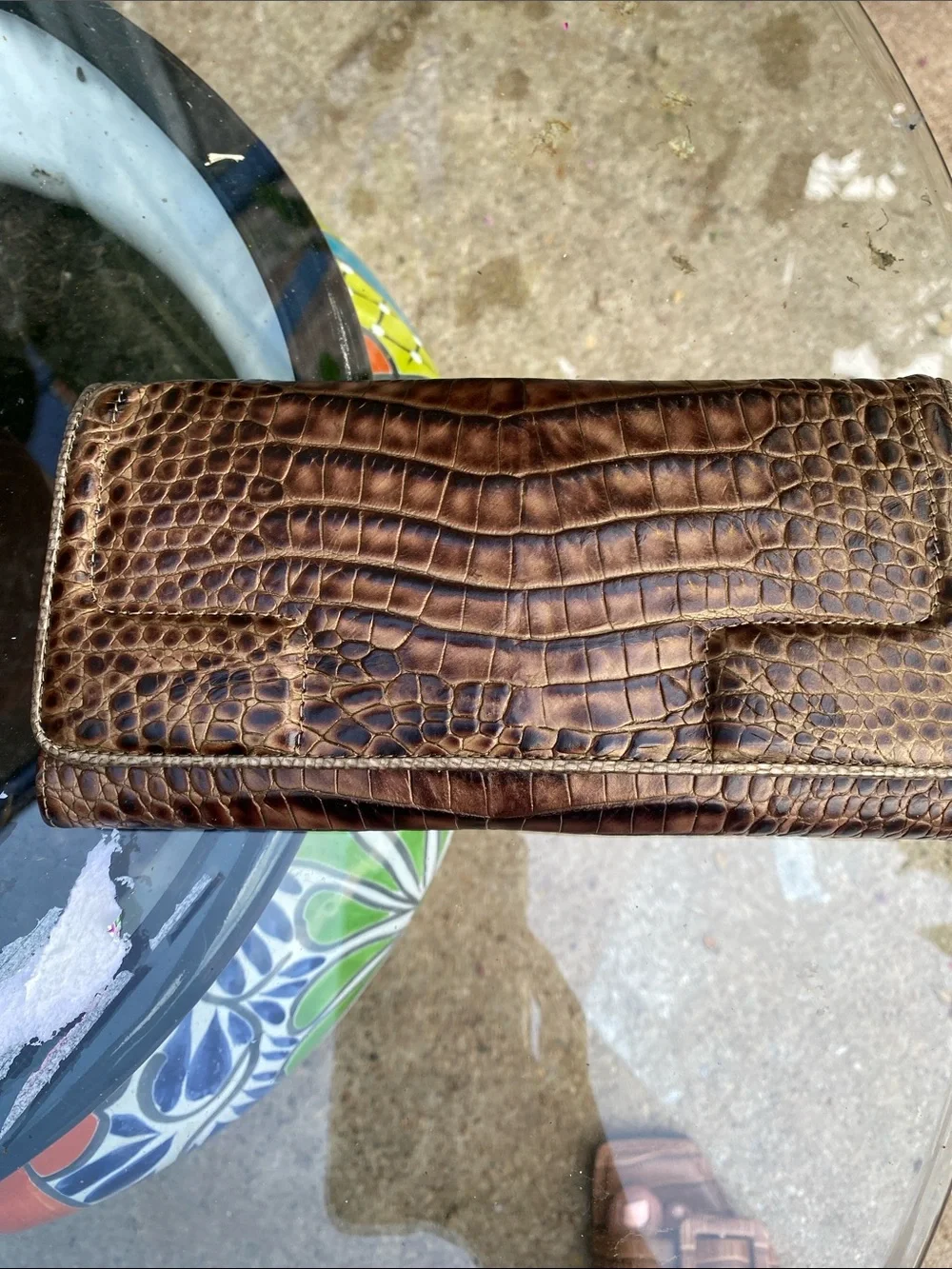 Croc-Embossed Leather Wallet in Dark Brown